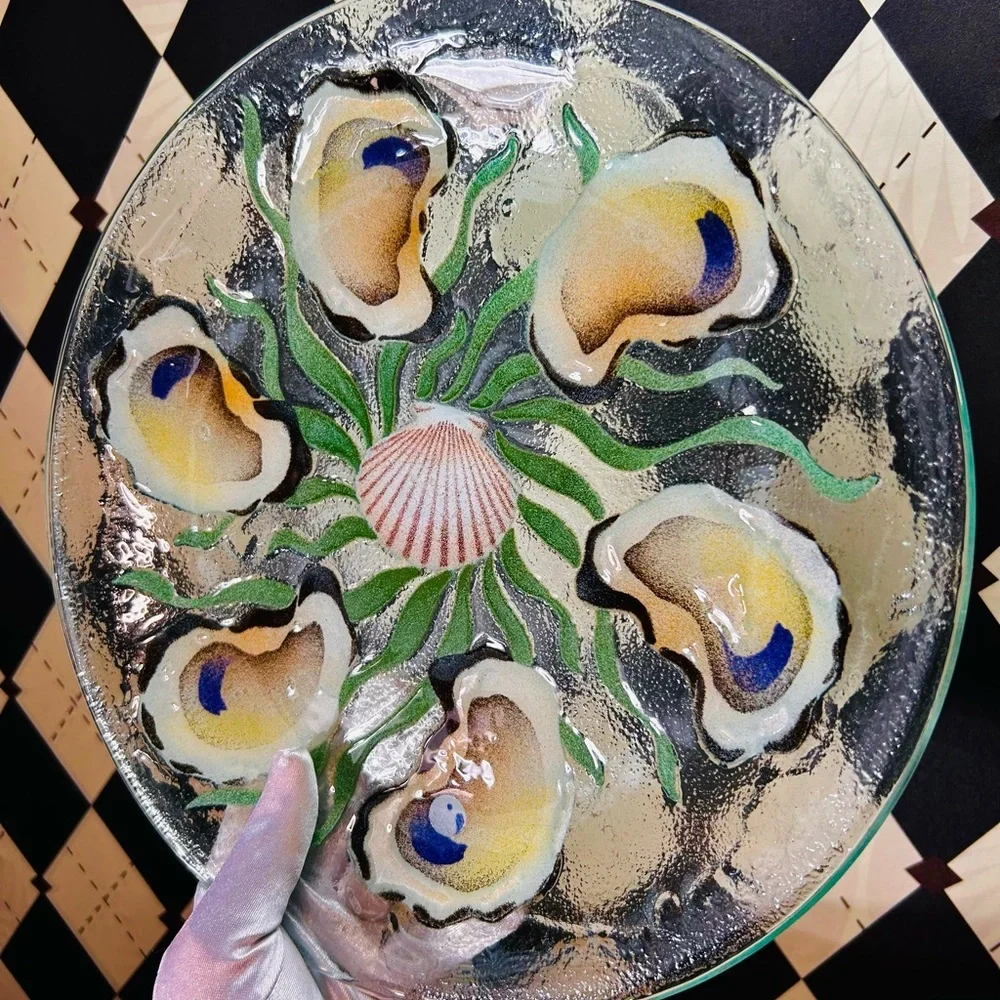Oyster Shell Motif Fused Glass Platter & Bowl Set — Iridescent Coastal Art Glass - Picture 3 of 16